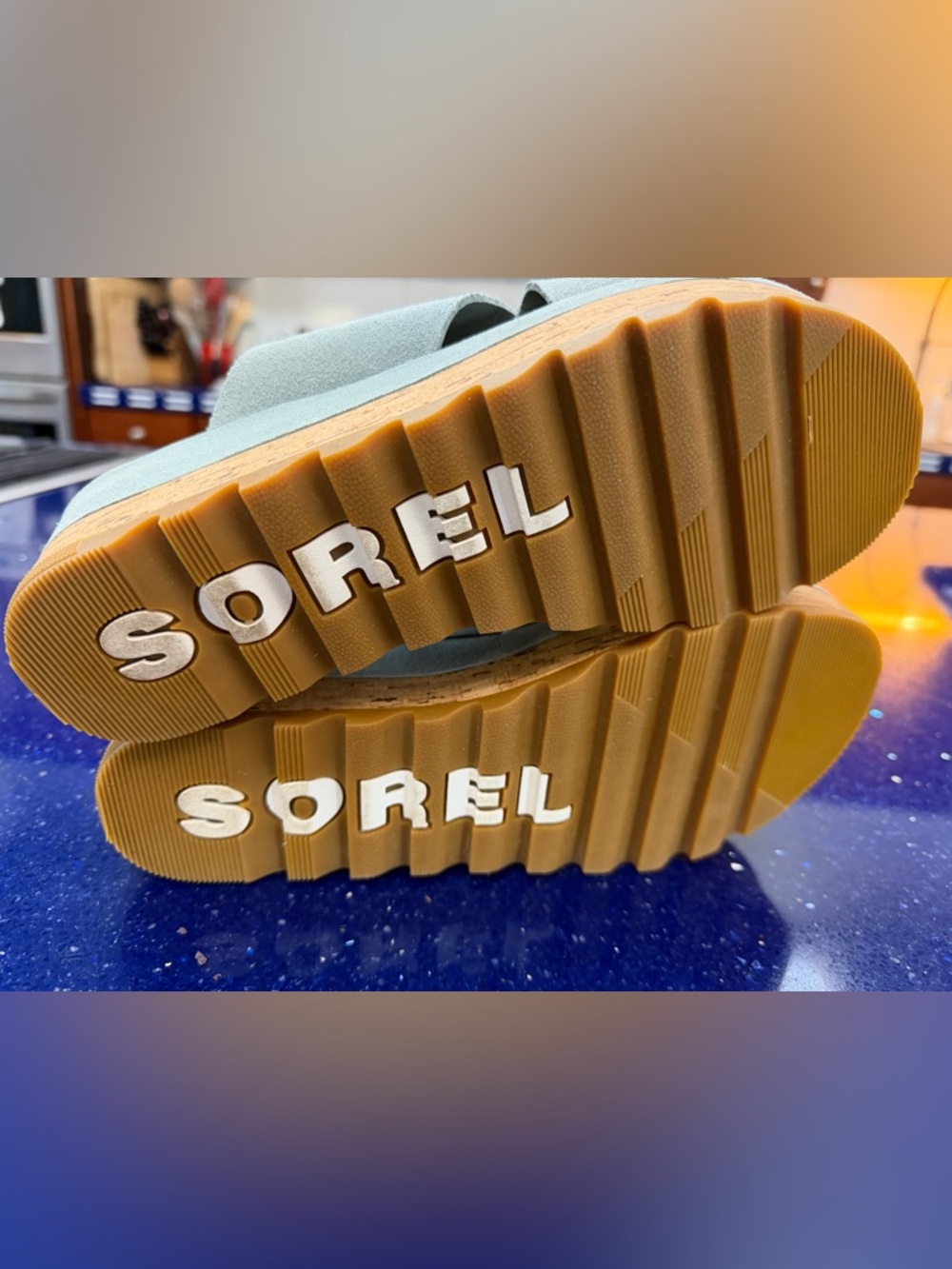Sorel Cameron Flatform Mule - Cork Platform Sandal- crushed blue, sea salt - Picture 9 of 12